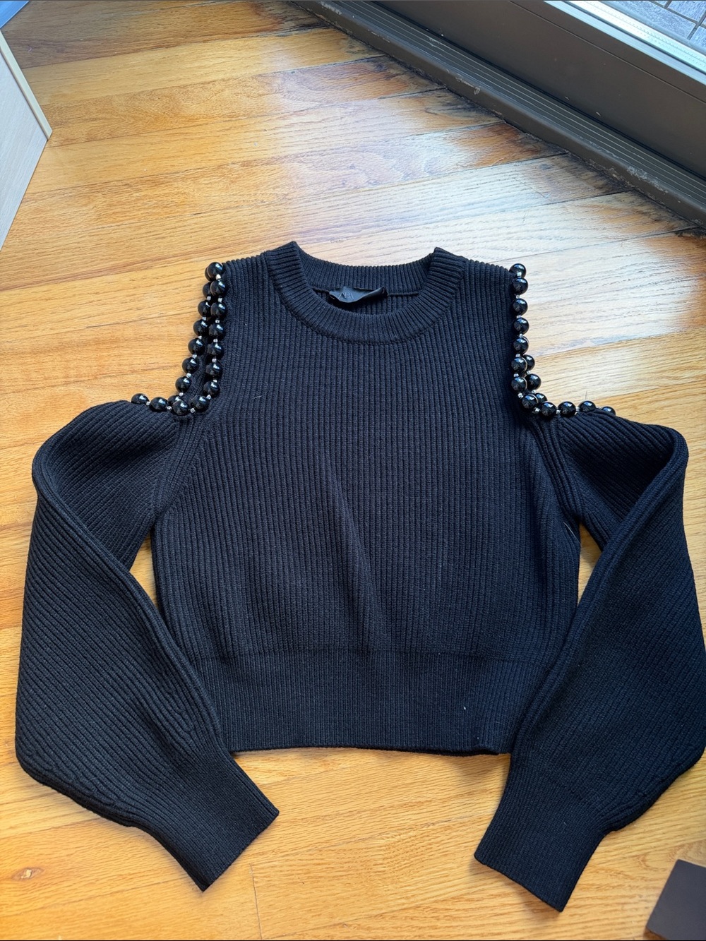 Zara NWOT Black Beaded Cold-Shoulder Ribbed Sweater